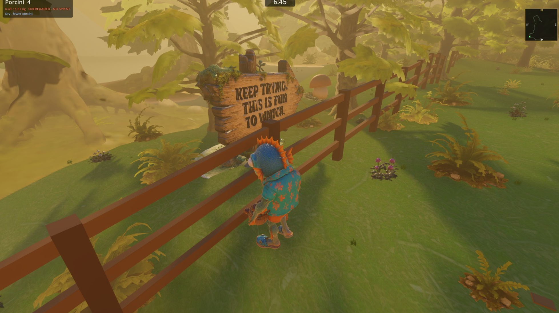 Fish Man standing at a fence beside an unhelpfully encouraging wooden sign