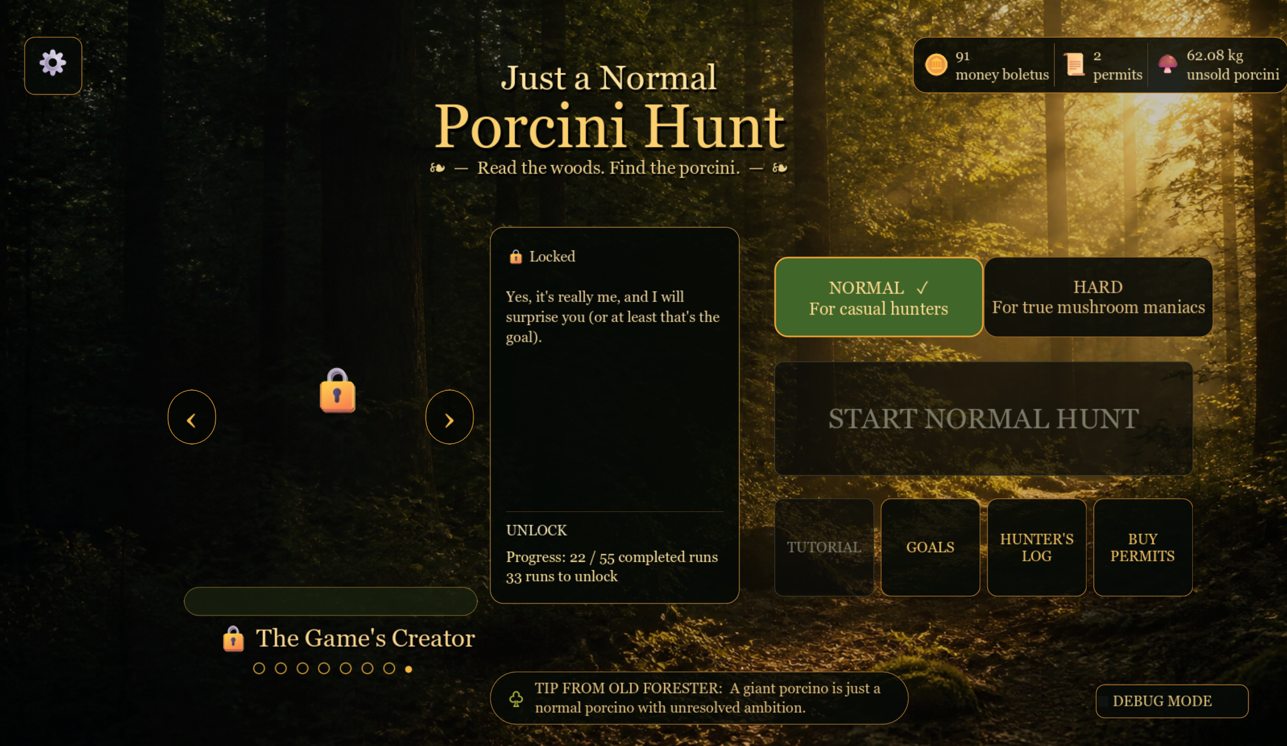 Locked Game Creator character selection screen in Just a Normal Porcini Hunt