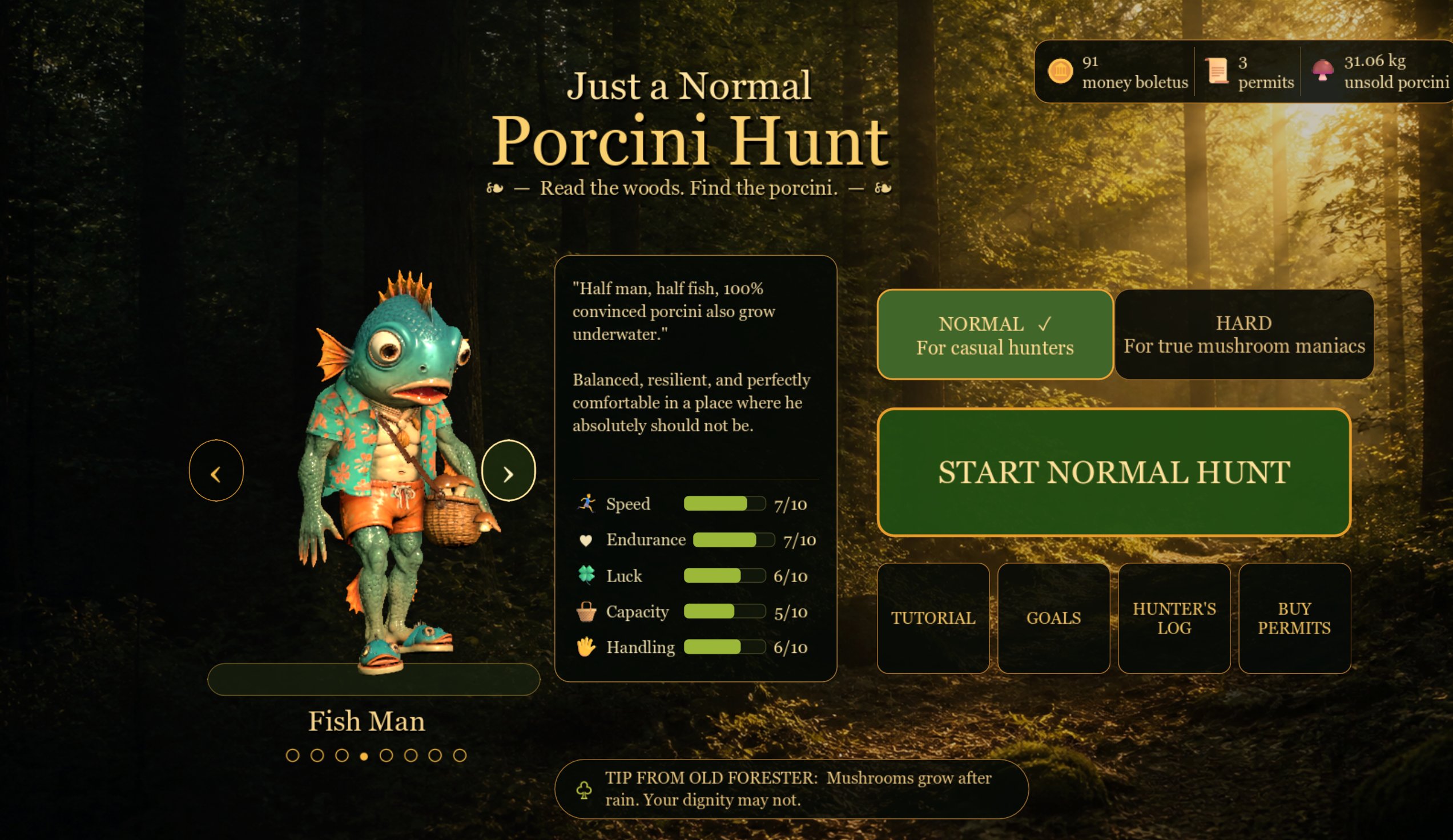 The Fish Man character standing on the game's forest selection screen