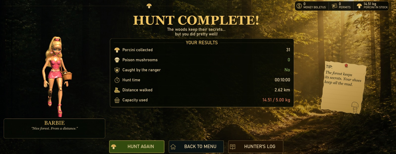 Hunt complete results screen with a successful mushroom haul